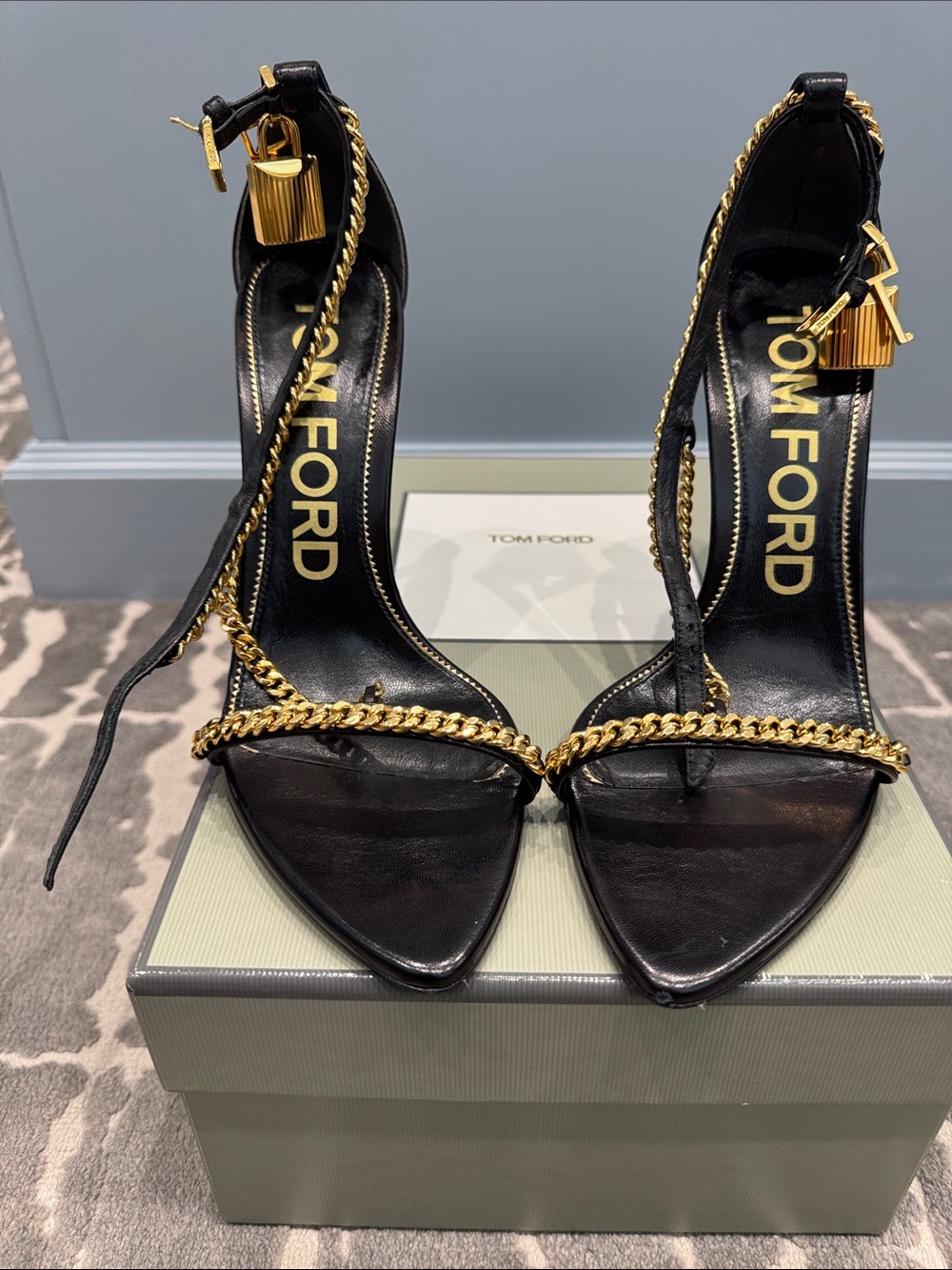 Tom Ford padlock Black Leather High-Heel Sandals with Gold Chain and Padlock